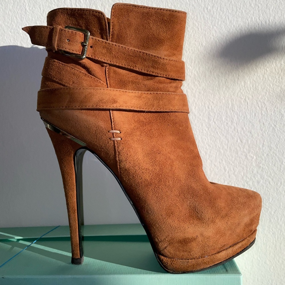 Brown suede platform booties.